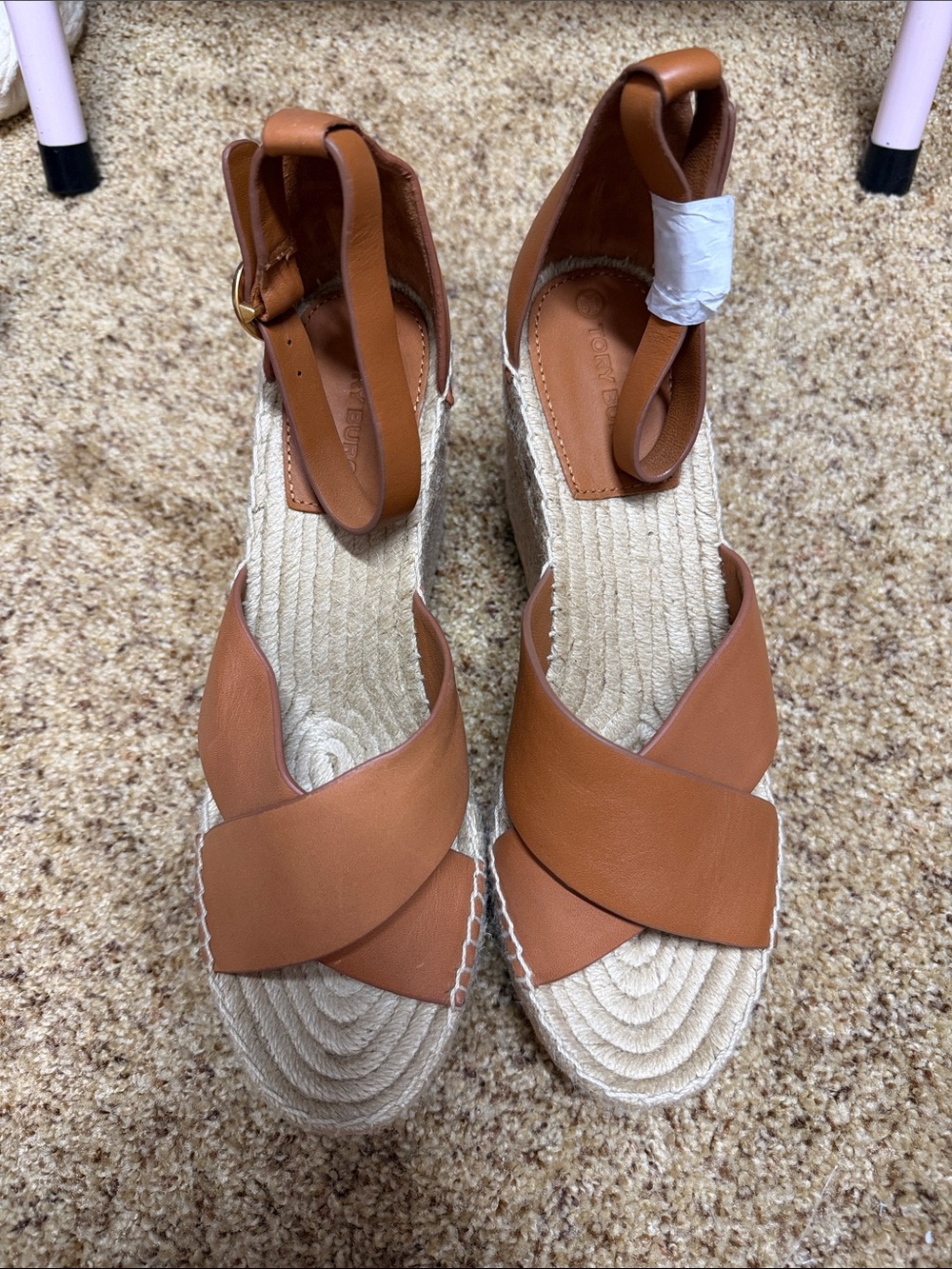 Tory Burch Cognac Leather Espadrille Wedge Sandals